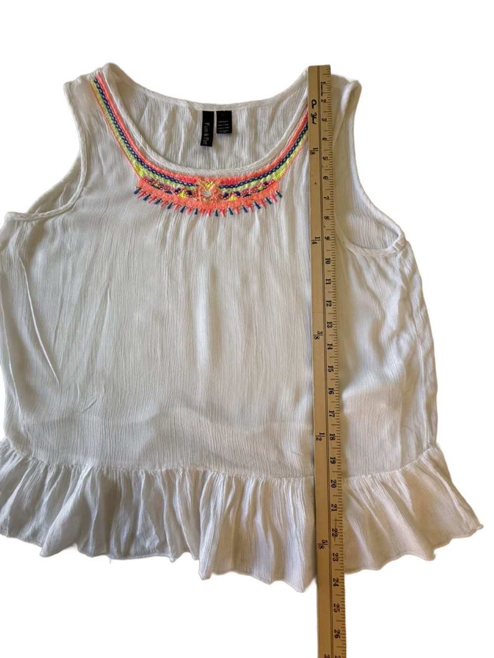 Fun & Flirt Embroidered Scoop Neck Rayon Tank Top - White with Neon Trim. Medium - Picture 5 of 7